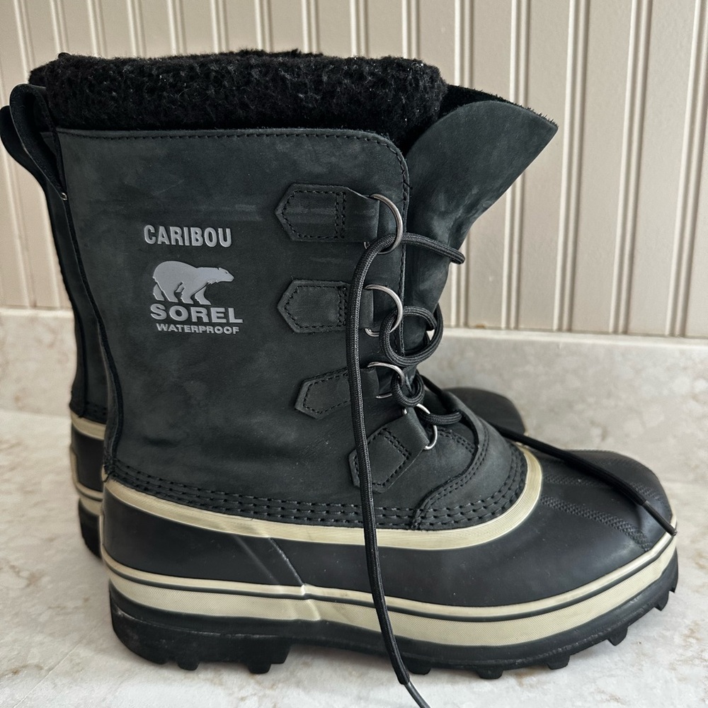 Sorel Caribou Snow Boots Insulated Size 8.5 Black Leather Rubber Waterproof